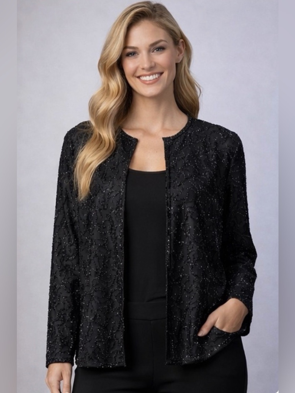 JMD New York! Gorgeous!! 100% Silk Black Beaded Evening Jacket L